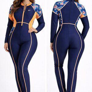 NWT 361° Navy Peach Floral Long Sleeve Full Body Swimsuit